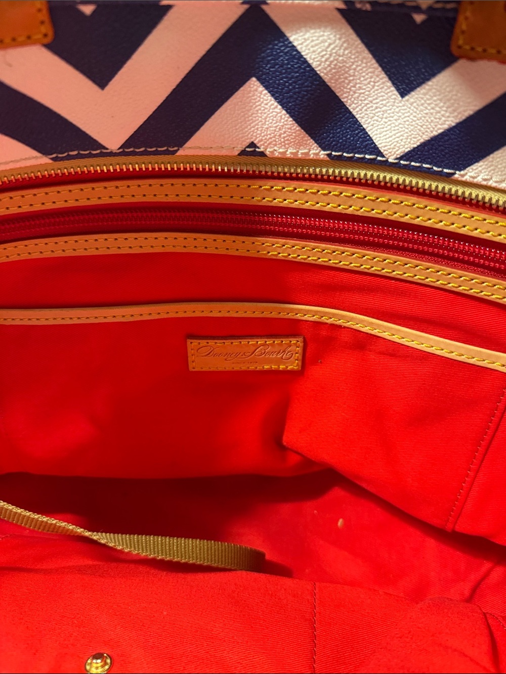 Dooney & Bourke Navy and Cream Chevron Tote with Leather Trim - Picture 7 of 8